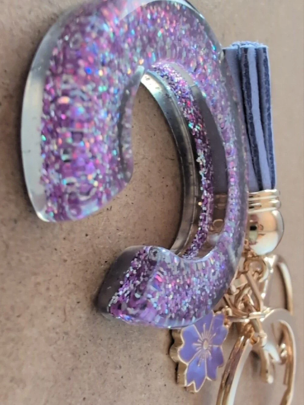 Gold Keyring with Purple Glitter 'C' Charm and Tassel